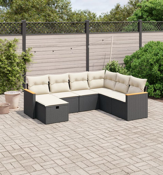 7-tlg. Garten-Sofagarnitur mit Kissen Schwarz Poly Rattan