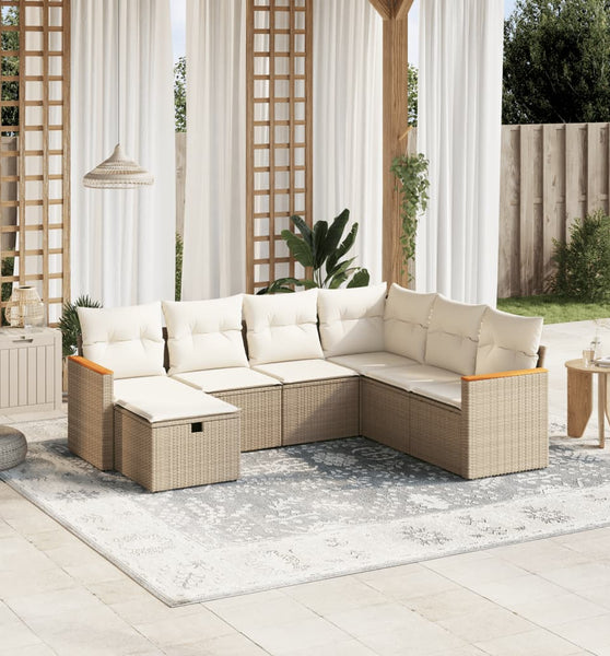 7-tlg. Garten-Sofagarnitur mit Kissen Beige Poly Rattan