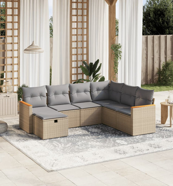 7-tlg. Garten-Sofagarnitur mit Kissen Beige Poly Rattan