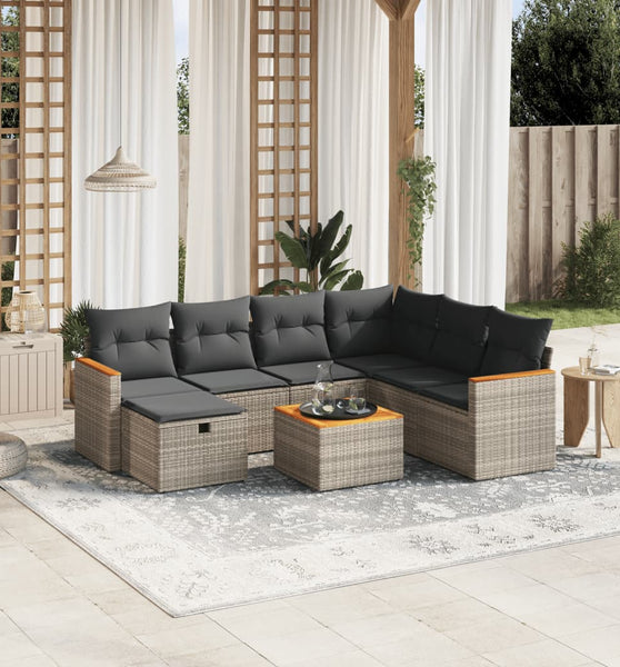 8-tlg. Garten-Sofagarnitur mit Kissen Grau Poly Rattan