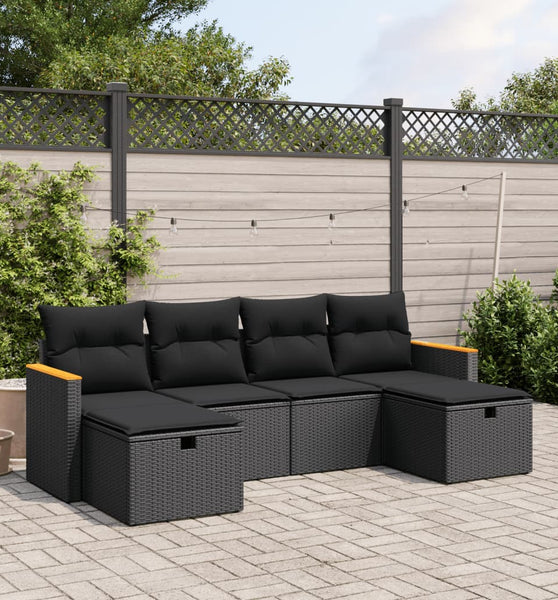 6-tlg. Garten-Sofagarnitur mit Kissen Schwarz Poly Rattan