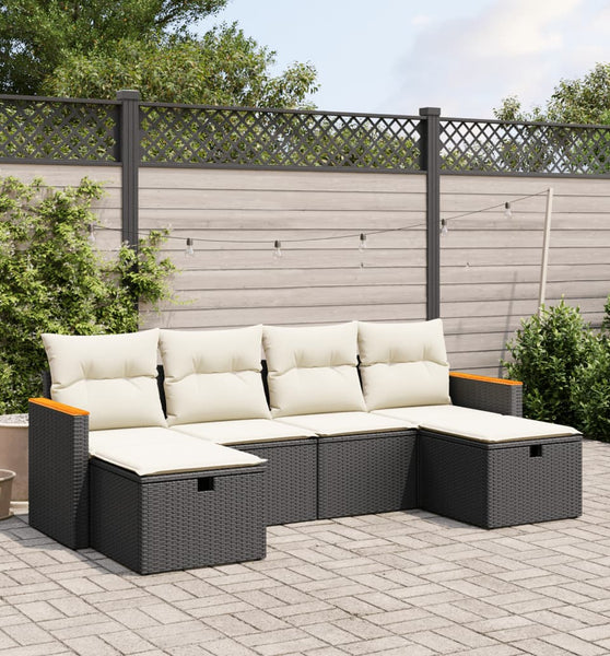6-tlg. Garten-Sofagarnitur mit Kissen Schwarz Poly Rattan