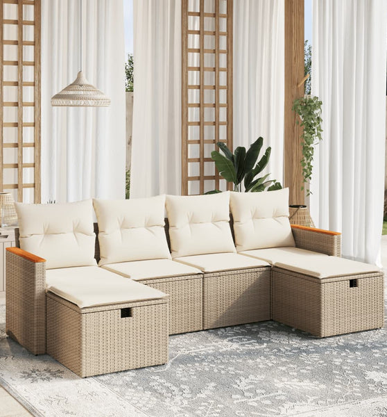 6-tlg. Garten-Sofagarnitur mit Kissen Beige Poly Rattan