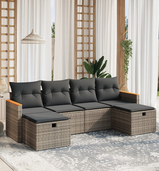 6-tlg. Garten-Sofagarnitur mit Kissen Grau Poly Rattan