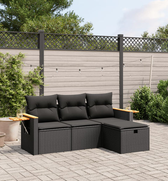 4-tlg. Garten-Sofagarnitur mit Kissen Schwarz Poly Rattan
