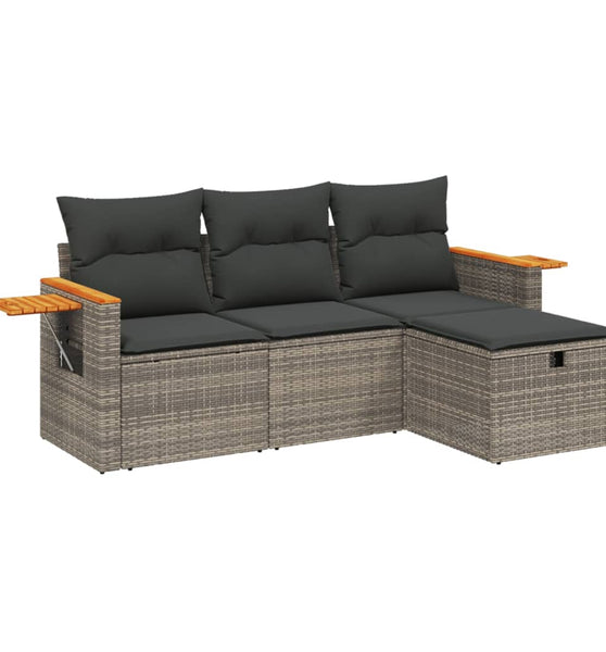 4-tlg. Garten-Sofagarnitur mit Kissen Grau Poly Rattan