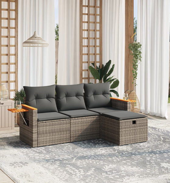 4-tlg. Garten-Sofagarnitur mit Kissen Grau Poly Rattan