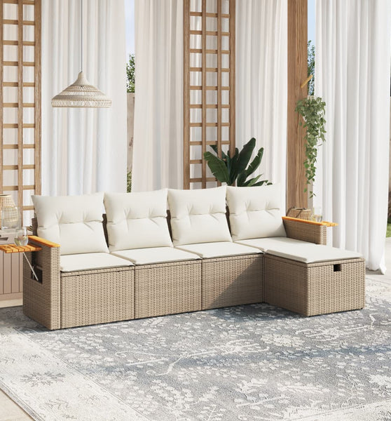 5-tlg. Garten-Sofagarnitur mit Kissen Beige Poly Rattan