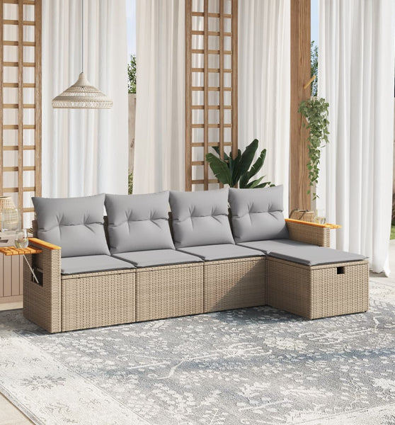 5-tlg. Garten-Sofagarnitur mit Kissen Beige Poly Rattan