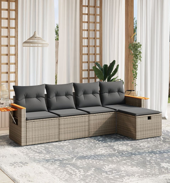 5-tlg. Garten-Sofagarnitur mit Kissen Grau Poly Rattan