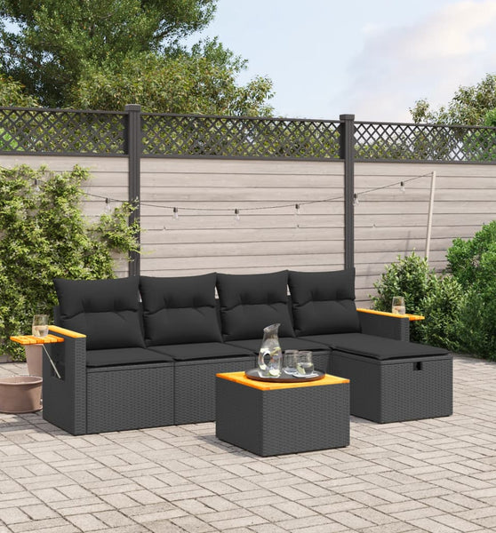 6-tlg. Garten-Sofagarnitur mit Kissen Schwarz Poly Rattan