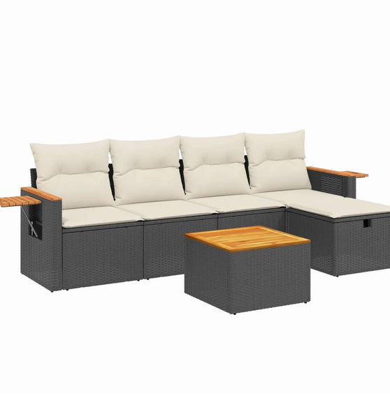 6-tlg. Garten-Sofagarnitur mit Kissen Schwarz Poly Rattan