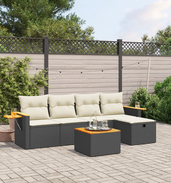 6-tlg. Garten-Sofagarnitur mit Kissen Schwarz Poly Rattan