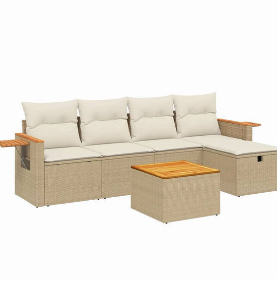 6-tlg. Garten-Sofagarnitur mit Kissen Beige Poly Rattan