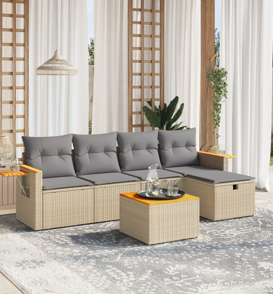 6-tlg. Garten-Sofagarnitur mit Kissen Beige Poly Rattan