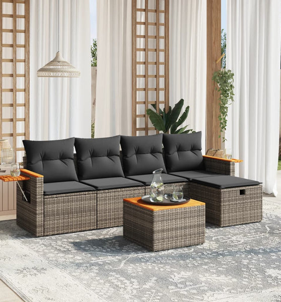 6-tlg. Garten-Sofagarnitur mit Kissen Grau Poly Rattan
