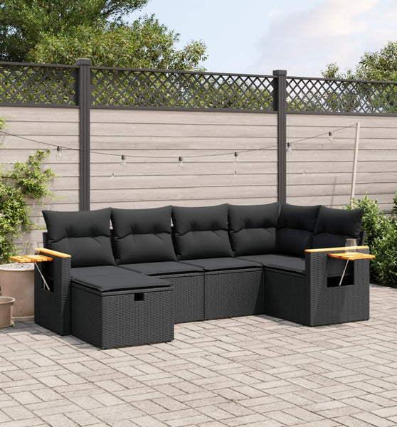 6-tlg. Garten-Sofagarnitur mit Kissen Schwarz Poly Rattan