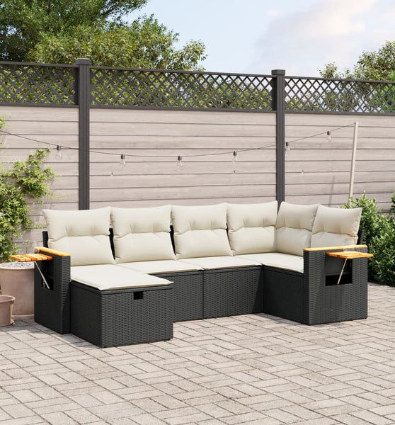 6-tlg. Garten-Sofagarnitur mit Kissen Schwarz Poly Rattan