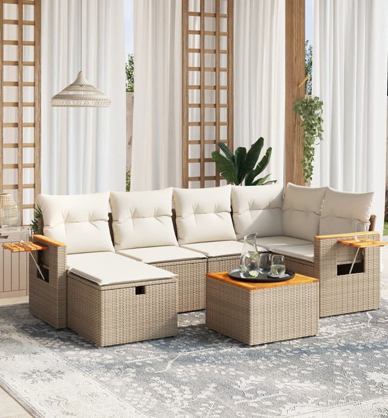 7-tlg. Garten-Sofagarnitur mit Kissen Beige Poly Rattan