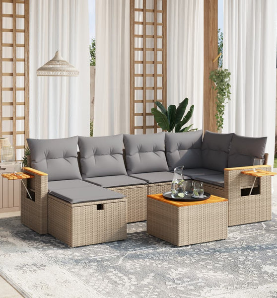 7-tlg. Garten-Sofagarnitur mit Kissen Beige Poly Rattan
