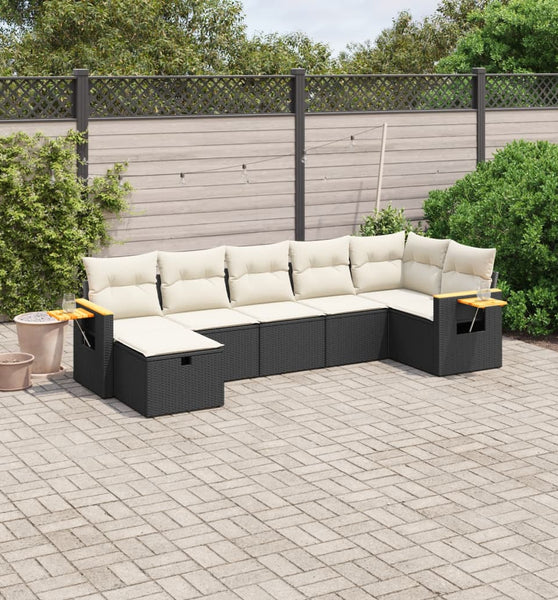 7-tlg. Garten-Sofagarnitur mit Kissen Schwarz Poly Rattan