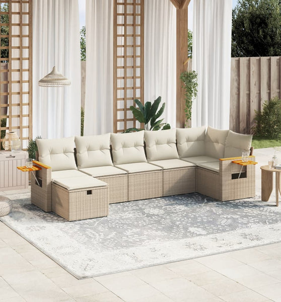 7-tlg. Garten-Sofagarnitur mit Kissen Beige Poly Rattan