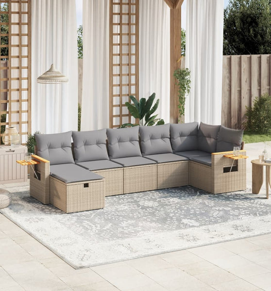 7-tlg. Garten-Sofagarnitur mit Kissen Beige Poly Rattan