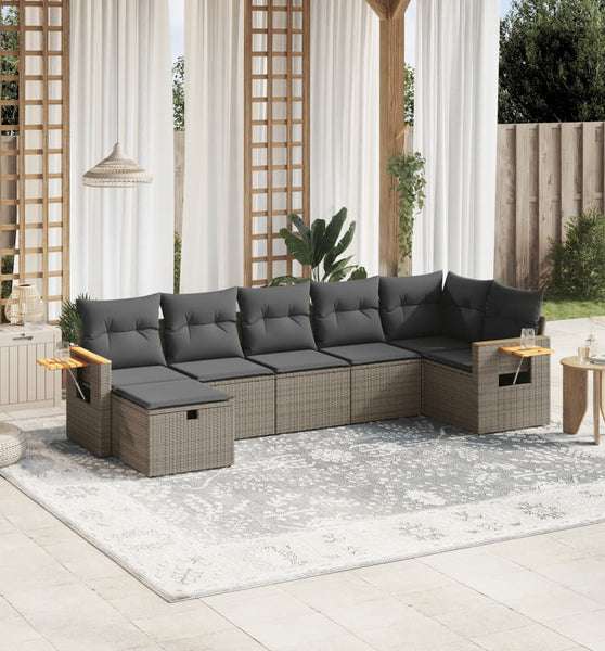 7-tlg. Garten-Sofagarnitur mit Kissen Grau Poly Rattan