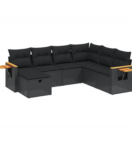 7-tlg. Garten-Sofagarnitur mit Kissen Schwarz Poly Rattan
