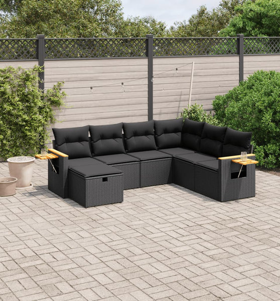 7-tlg. Garten-Sofagarnitur mit Kissen Schwarz Poly Rattan