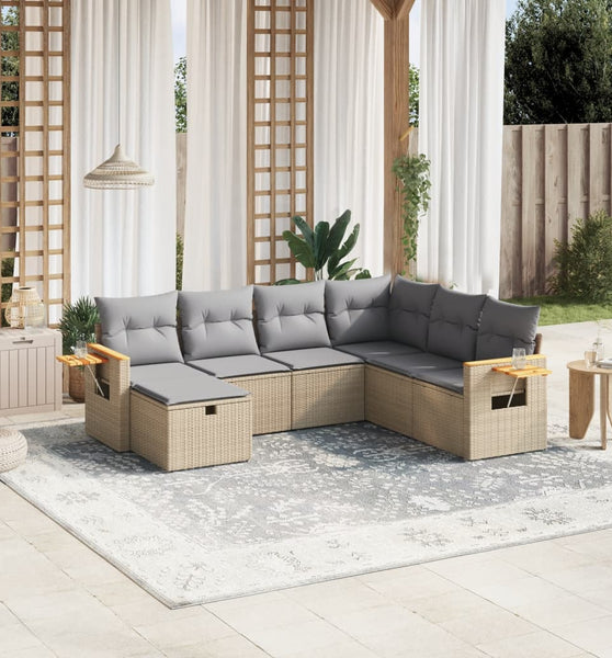 7-tlg. Garten-Sofagarnitur mit Kissen Beige Poly Rattan