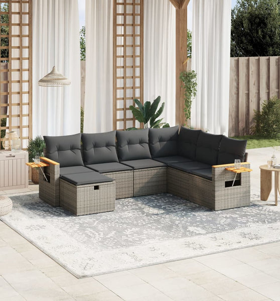 7-tlg. Garten-Sofagarnitur mit Kissen Grau Poly Rattan