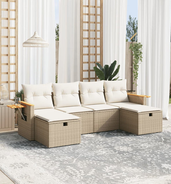 6-tlg. Garten-Sofagarnitur mit Kissen Beige Poly Rattan