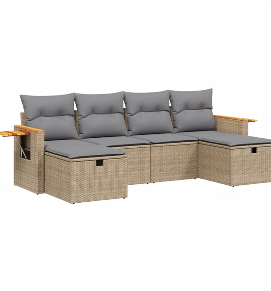 6-tlg. Garten-Sofagarnitur mit Kissen Beige Poly Rattan