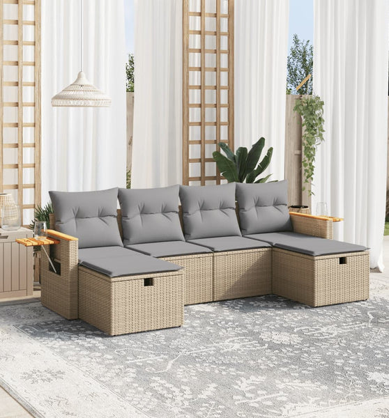 6-tlg. Garten-Sofagarnitur mit Kissen Beige Poly Rattan