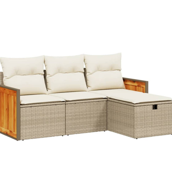 4-tlg. Garten-Sofagarnitur mit Kissen Beige Poly Rattan