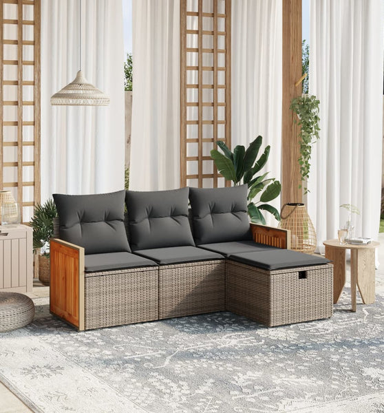 4-tlg. Garten-Sofagarnitur mit Kissen Grau Poly Rattan