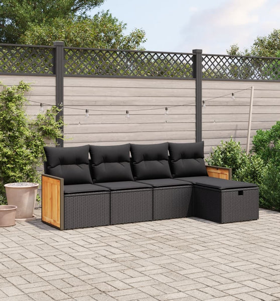 5-tlg. Garten-Sofagarnitur mit Kissen Schwarz Poly Rattan