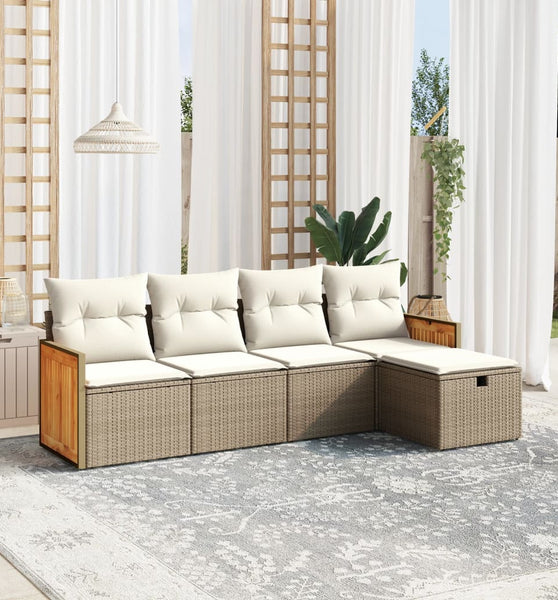 5-tlg. Garten-Sofagarnitur mit Kissen Beige Poly Rattan