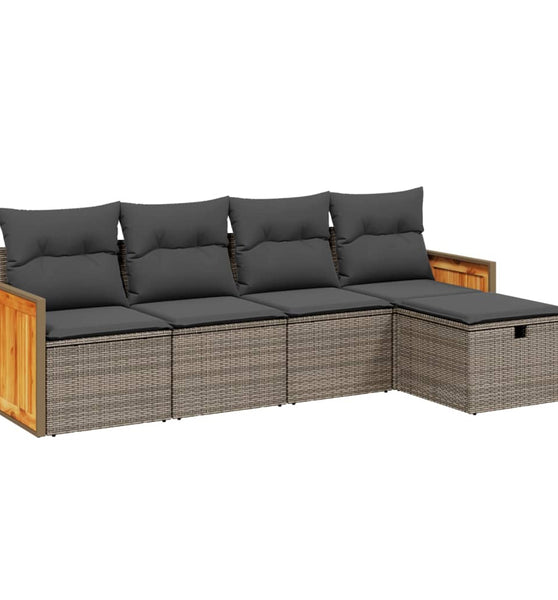 5-tlg. Garten-Sofagarnitur mit Kissen Grau Poly Rattan