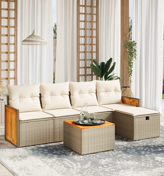6-tlg. Garten-Sofagarnitur mit Kissen Beige Poly Rattan