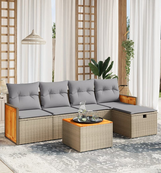 6-tlg. Garten-Sofagarnitur mit Kissen Beige Poly Rattan