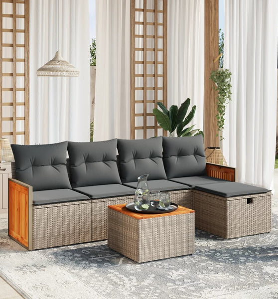 6-tlg. Garten-Sofagarnitur mit Kissen Grau Poly Rattan