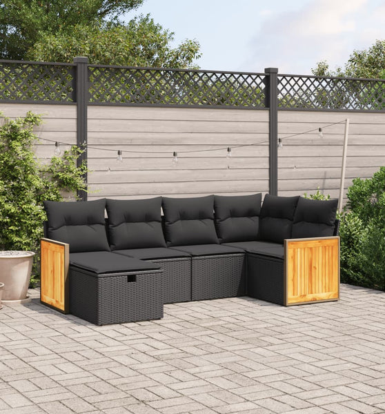 6-tlg. Garten-Sofagarnitur mit Kissen Schwarz Poly Rattan