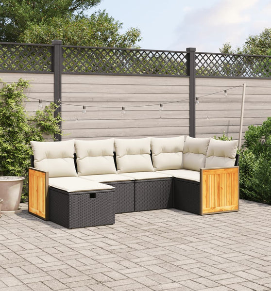 6-tlg. Garten-Sofagarnitur mit Kissen Schwarz Poly Rattan