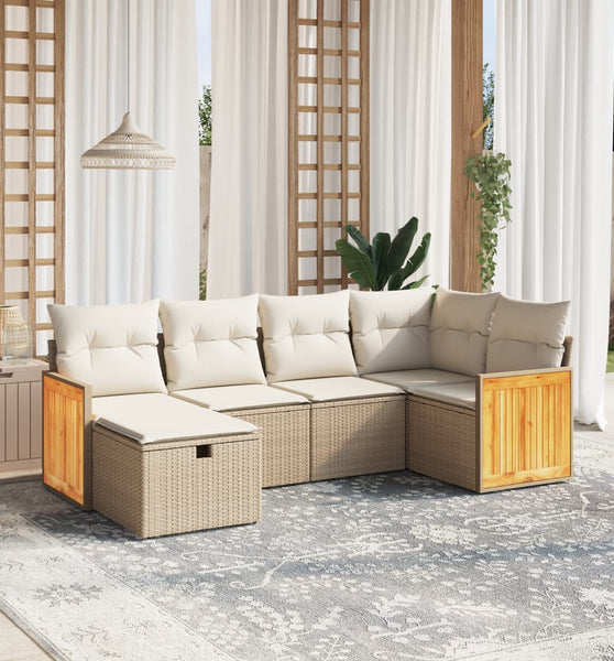 6-tlg. Garten-Sofagarnitur mit Kissen Beige Poly Rattan