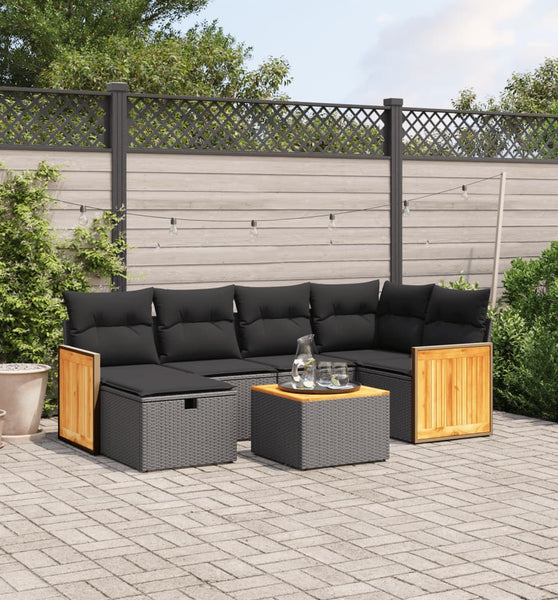 7-tlg. Garten-Sofagarnitur mit Kissen Schwarz Poly Rattan