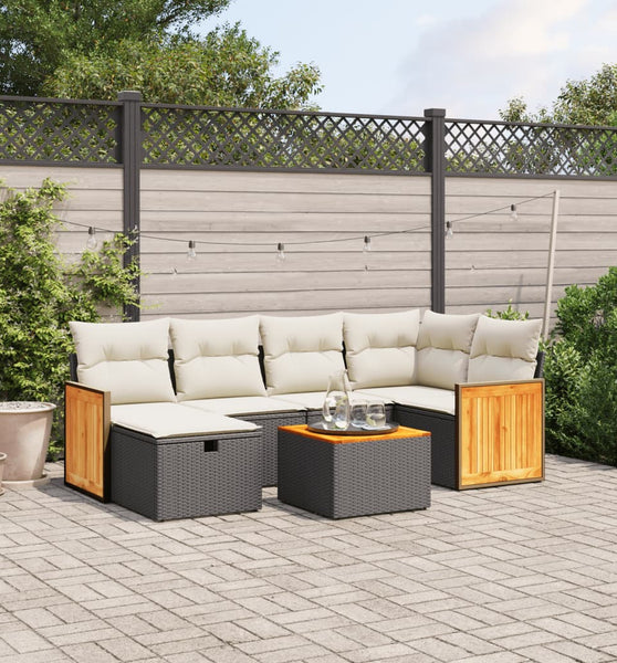7-tlg. Garten-Sofagarnitur mit Kissen Schwarz Poly Rattan