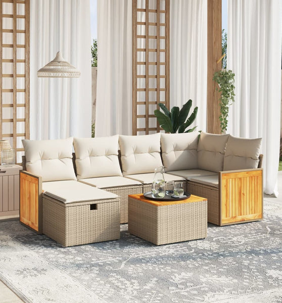 7-tlg. Garten-Sofagarnitur mit Kissen Beige Poly Rattan