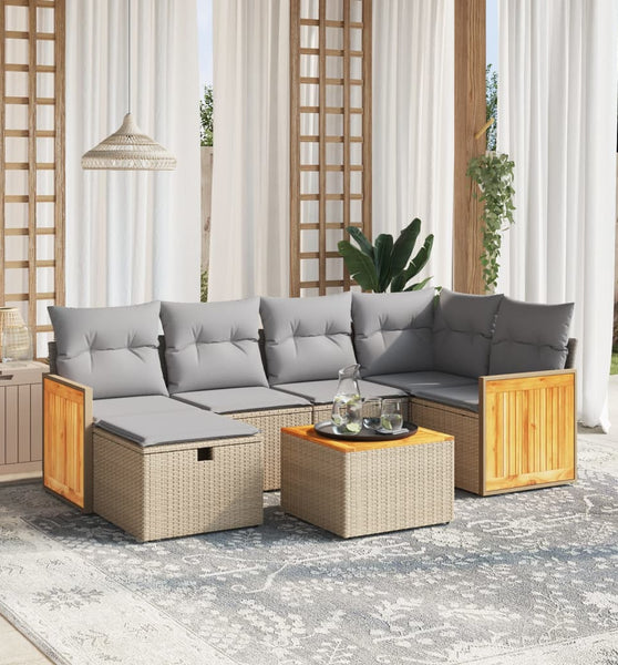 7-tlg. Garten-Sofagarnitur mit Kissen Beige Poly Rattan